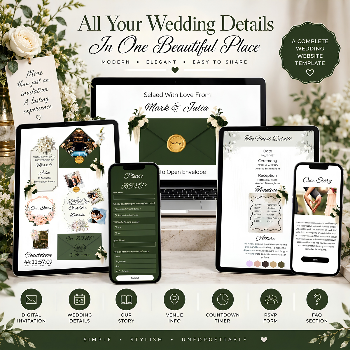 Canva Editable Wedding Website Template | Forest Green & Ivory Wedding Invitation | RSVP & Our Story