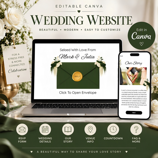 Canva Editable Wedding Website Template | Forest Green & Ivory Wedding Invitation | RSVP & Our Story