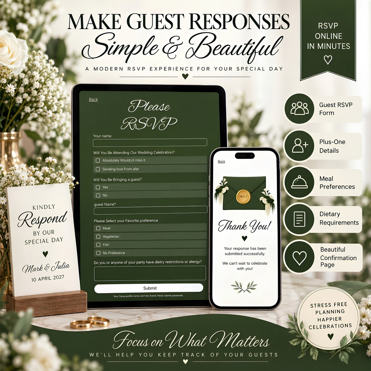 Canva Editable Wedding Website Template | Forest Green & Ivory Wedding Invitation | RSVP & Our Story