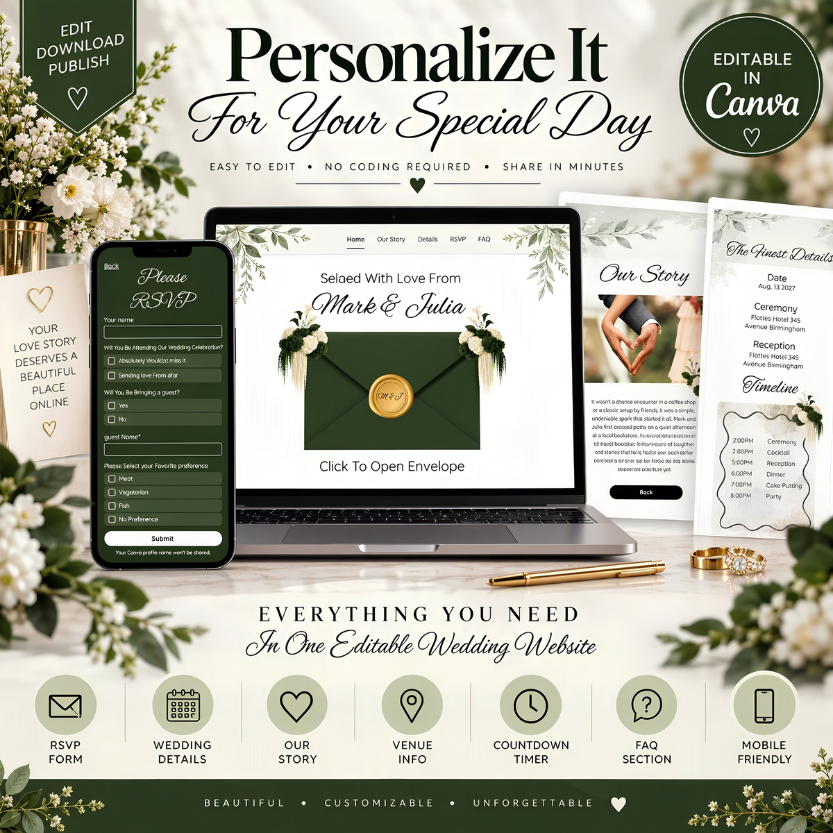Canva Editable Wedding Website Template | Forest Green & Ivory Wedding Invitation | RSVP & Our Story